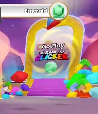 Race Clicker portal inside the Google Play Roblox experience with an Emerald rank indicator