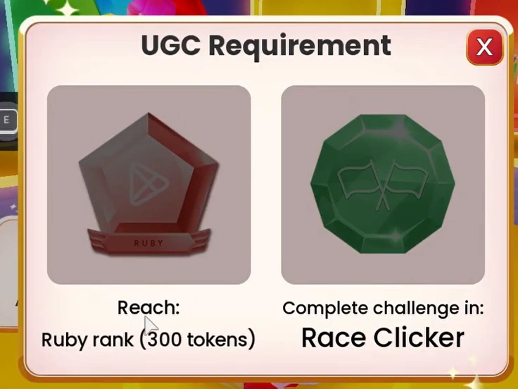 Google Play UGC requirement panel asking players to reach Ruby rank and complete the Race Clicker challenge